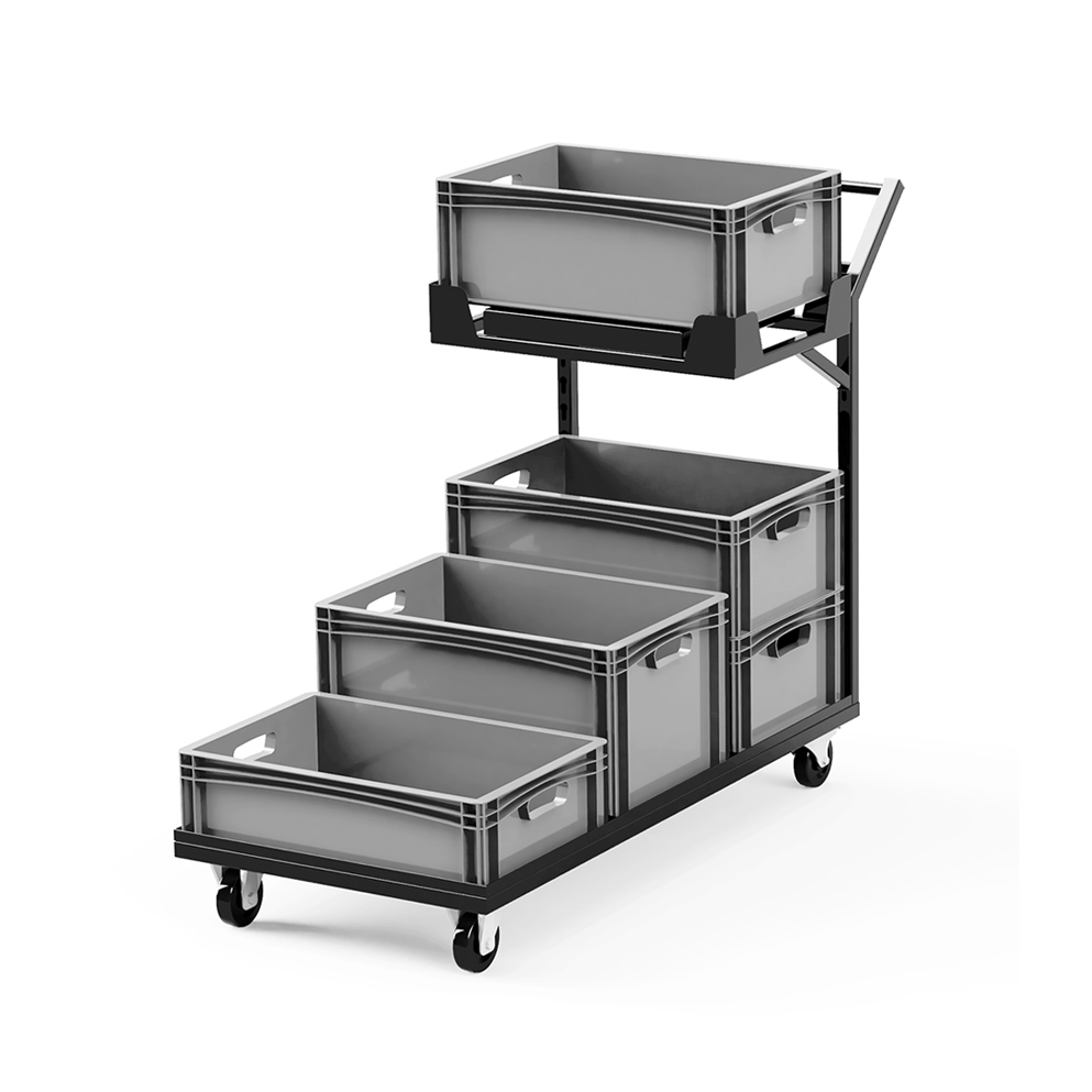 Enlarged warehouse trolley for containers / cuvettes transport with build in scale