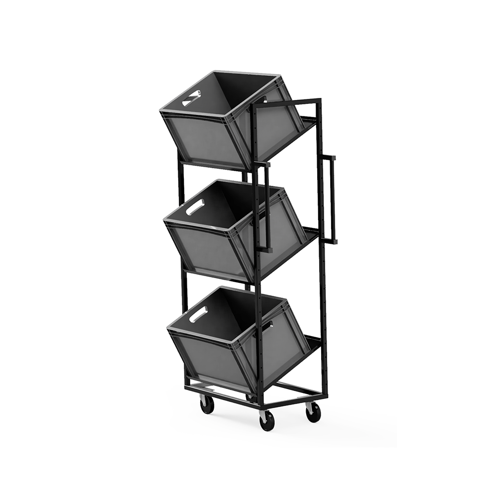 Warehouse trolley for containers / cuvettes transport with adjustable shelves
